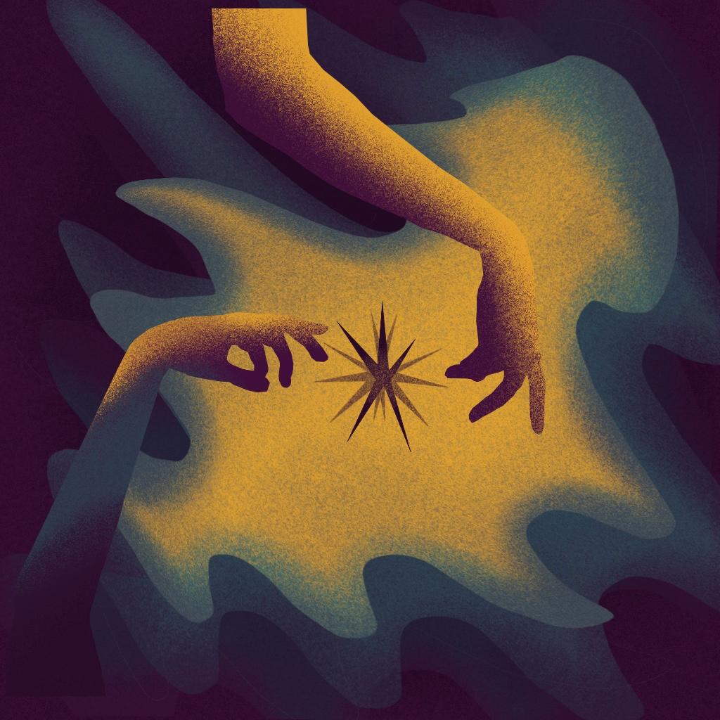 Album cover concept — two hands reaching for a starburst